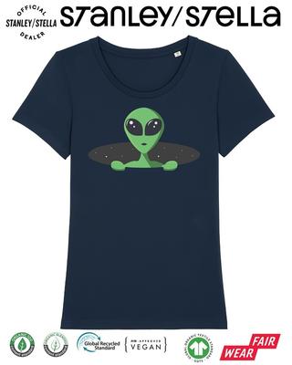 Womens Pop Up ALIEN T-Shirt UFO Space Invasion  Cotton Ladies Gift Vegan