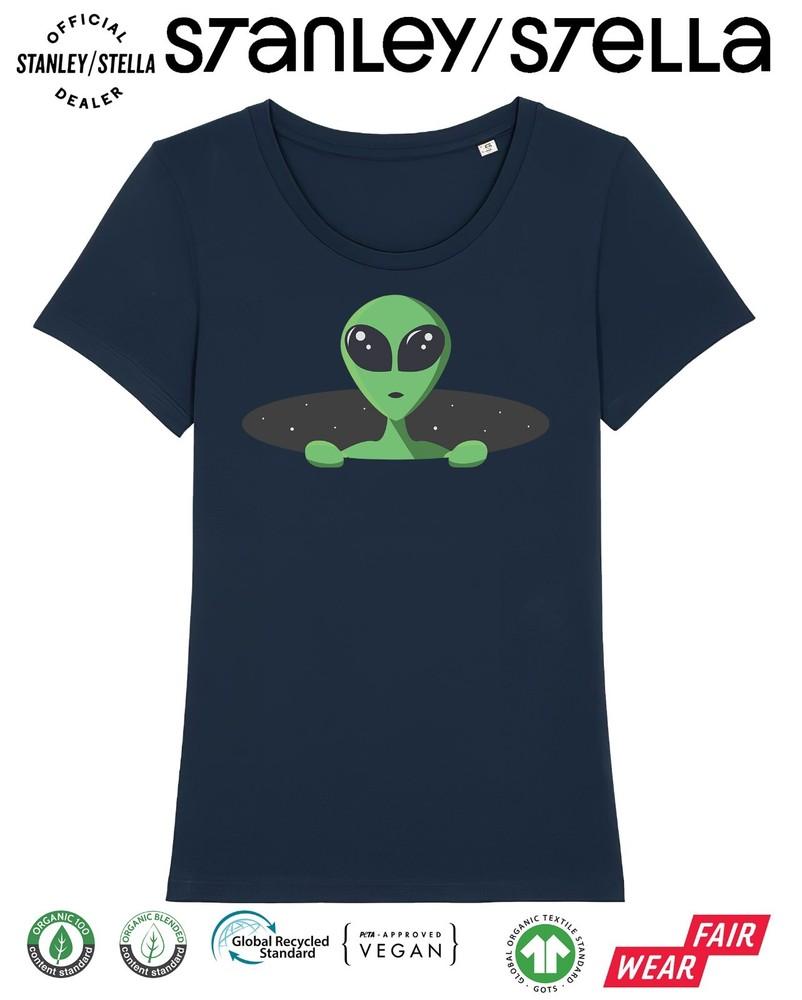 

Womens Pop Up ALIEN T-Shirt UFO Space Invasion Cotton Ladies Gift Vegan M