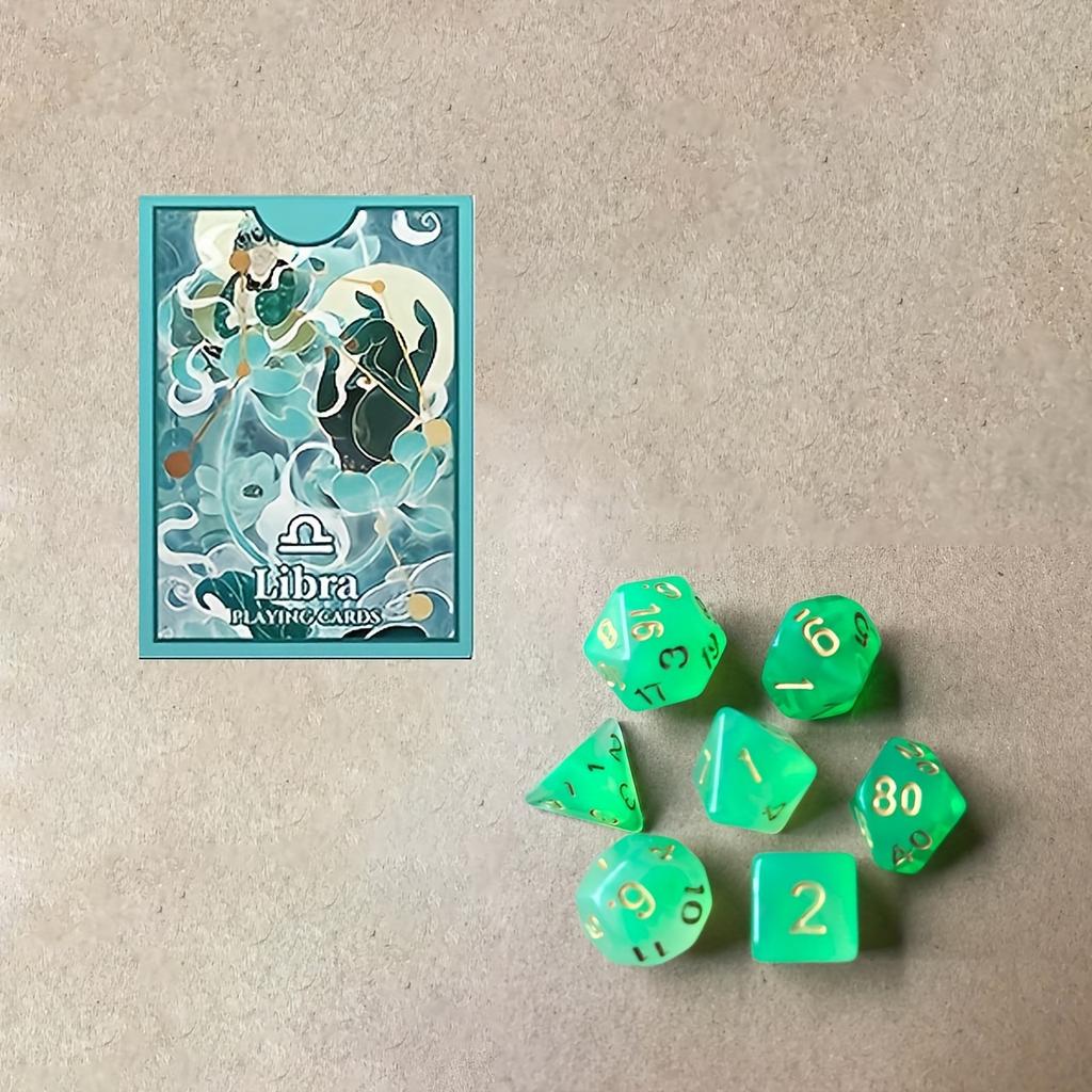 1 Pc Box of Playing Cards and 7 Dice Set Libra Pattern Fancy Cut Practice Deck Blue Core Cards 7 Clear Green and White Two Color Multi-Face Dice