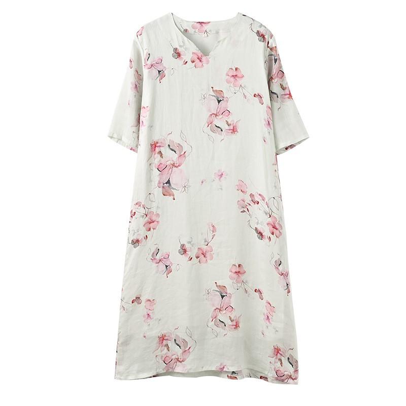 Johnature Women Vintage Print Floral Dresses V-Neck Half Sleeve Summer High Quality Women A-Line Dress