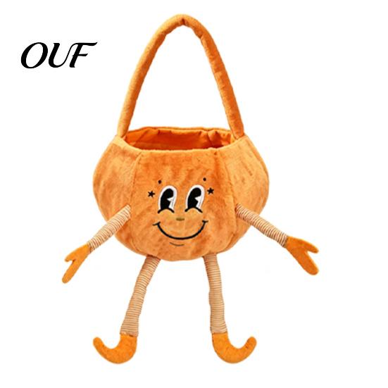 Halloween Pumpkin Candy Bucket Basket with Handle, Soft Plush Trick or Treat Bag for Kids, Personalized Pails Portable Holiday Party Favor Storage