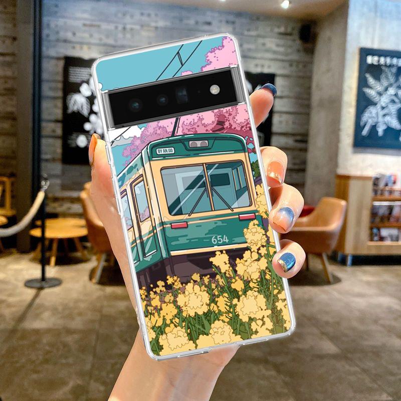 Cherry Blossoms Japanese Traint Moun Fuji For Google Pixel 8 7 6 Pro Phone Case Soft For Pixel 6A 5 4 5A 4A 3A XL 5G Clear Cover