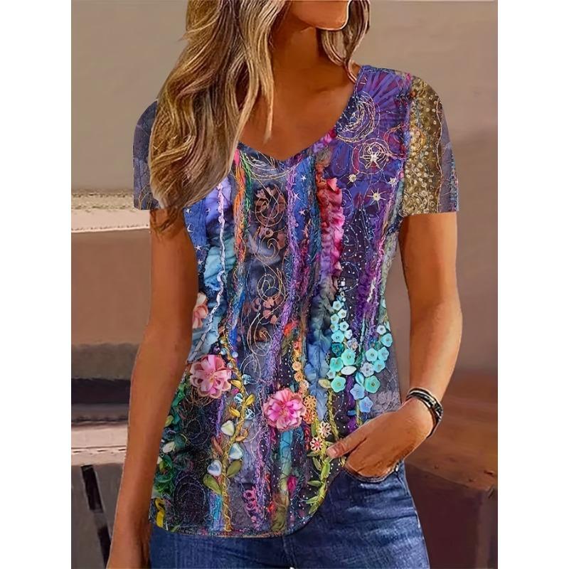 

Casual V-neck loose floral T-shirt for women S