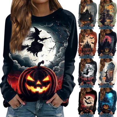 Damenmode, lässig, langärmelig, mit Halloween-Print, Rundhalspullover