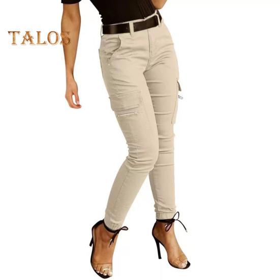 Pantaloni cargo slim fit pentru femei cu talie joasă, cu fermoar, cu fermoar, de culoare uni, pantaloni creion, cu mai multe buzunare, jambiere cu design