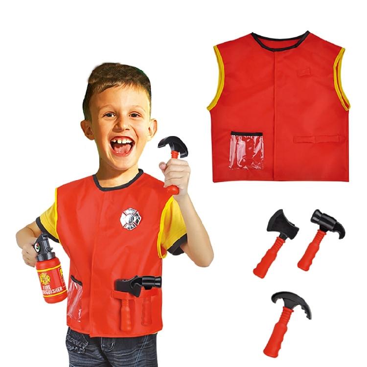 Kids Role Play Fireman Costume with Firefighter Toy Accessories Halloween Builder Worker Clothing for Boy Girl Aged 3-12