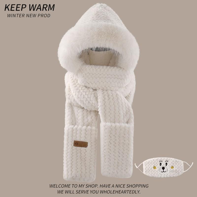 Womens Winter Warm Fleece Hat Scarf Gloves Set With Hood Ear Protection Cute Cartoon Design