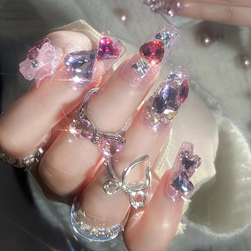 Coffin Press On Nails Long Square Fake Nails Glue On Nails with Rhinestones Designs Reusable False Acrylic Nails Full Cover Stick On Nail for Women