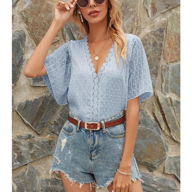 

Шифоновая кружевная футболка женская повседневная свободная футболка с v-образным вырезом рубашки с пышными рукавами летние топы с короткими рукавами женская женская футболка M небесно-голубой