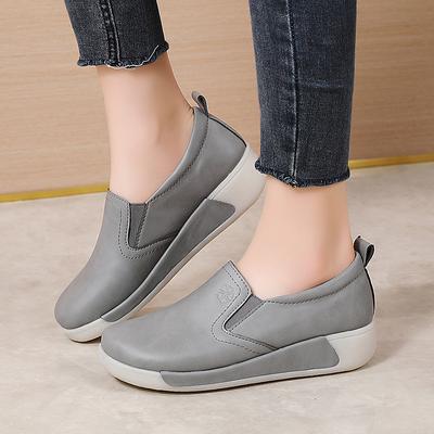 Women Platform Loafers Grey Casual Leather Shoes Lady Thick Sole Slip On Height Increase Shake Shoes