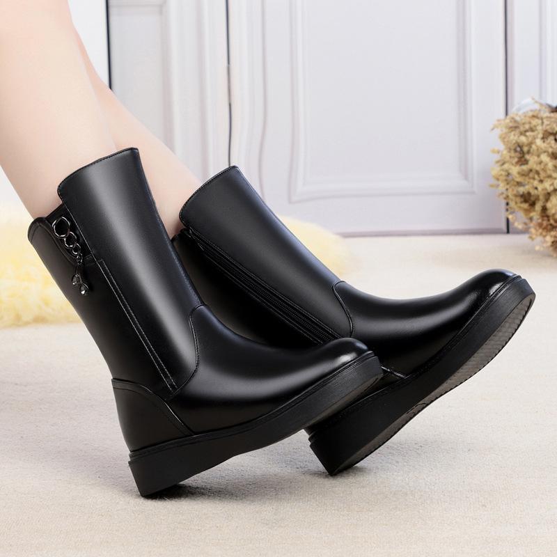 Women Boots Quality Genuine Leather Boot Fashion Mid-calf Leather Boot Thicken Wool Plush Warm Winter Boots Botas Invierno Mujer