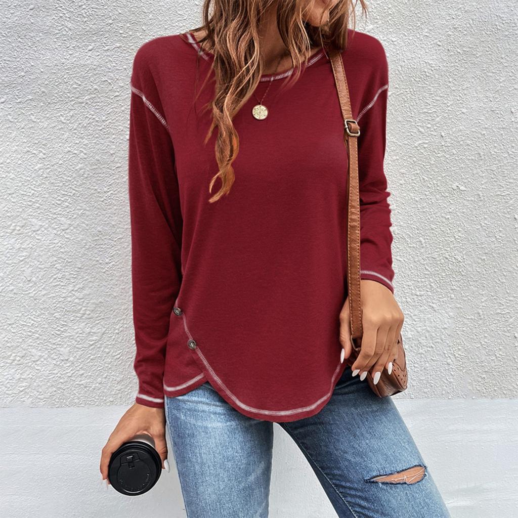 T-shirt Femme Couleur Lâche Boutonnage Bord Irrégulier Manches Longues