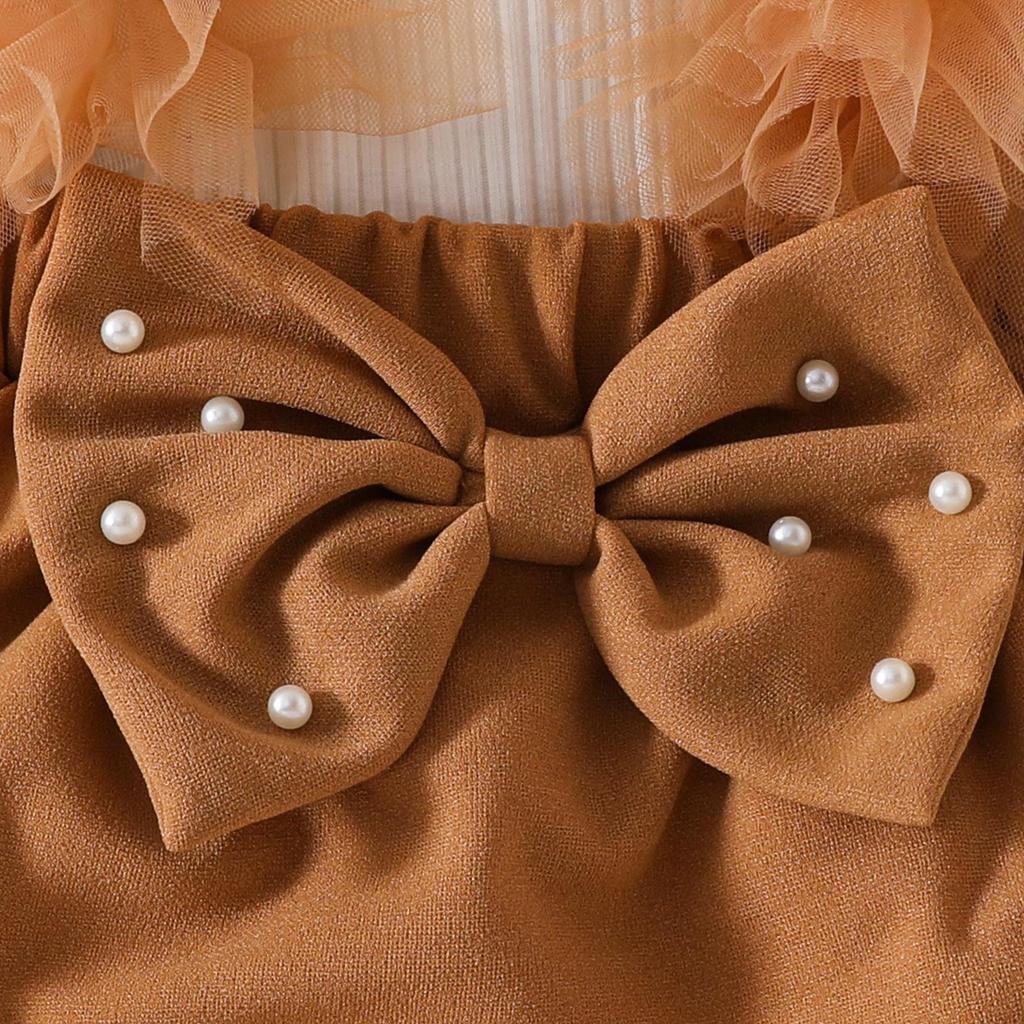 Baby Girl Long-Sleeve Ribbed Romper with Mesh Skirt Hem and Beaded Bow for Autumn and Winter