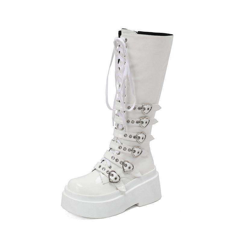 

2025 Новые 8,5 см Женские Мотоботы на Толстой Подошве Женские Панк Сапоги до Колена Осень Зима Лакированные Женские На шнуровке Повседневные Ботинки 43 белый