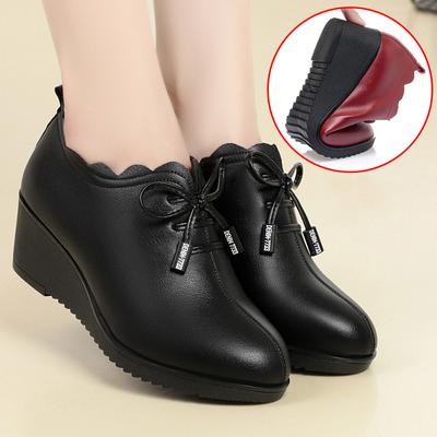 Velké dámské boty na klínovém podpatku Soft Leather Soft Bottom Hluboké kožené boty