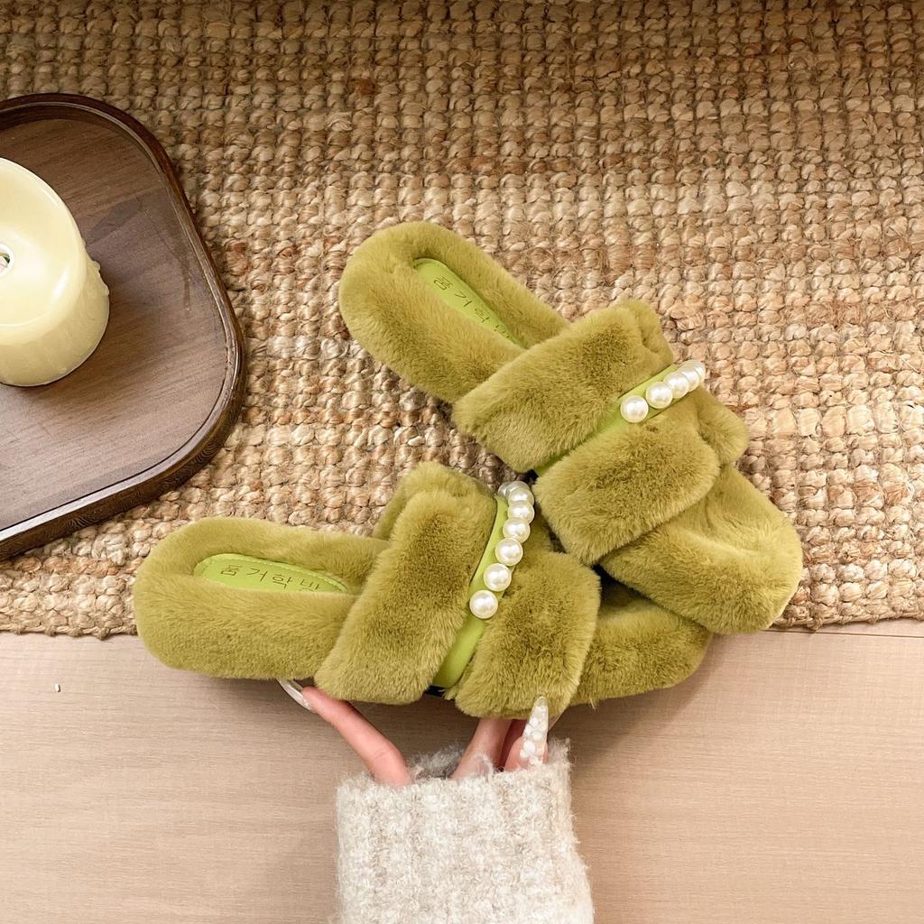 Autumn and winter new girls Xiaoxiangfeng pearl fluffy slippers wear versatile and comfortable thick soles do not tire feet to increase height shoes