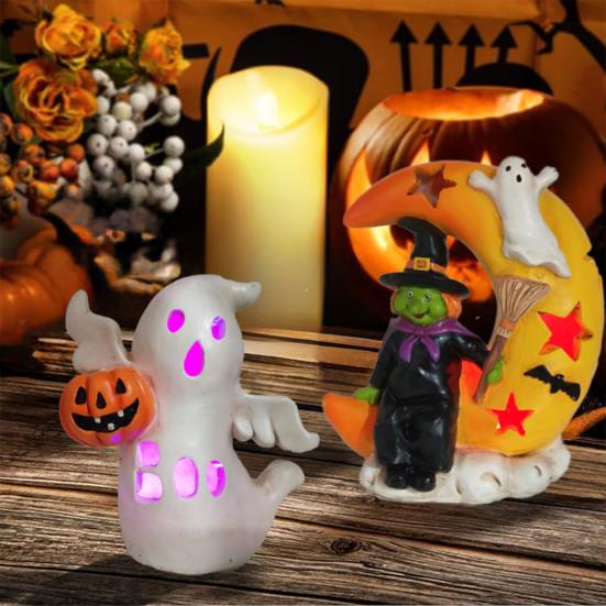 Halloween Decoration Light Up Ghost Pumpkin Witch Moon Figurine Spooky Glowing Resin Statue Tabletop Ornament for Living Room Kitchen Home Decor