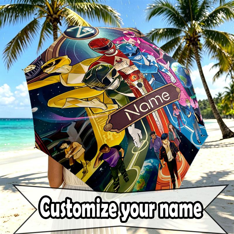 Custom Name Personalized Power Rangers Print Umbrella, Auto Open Close, 8‑Rib Sturdy Frame, Commute Camping Hiking Use, Birthday Gift