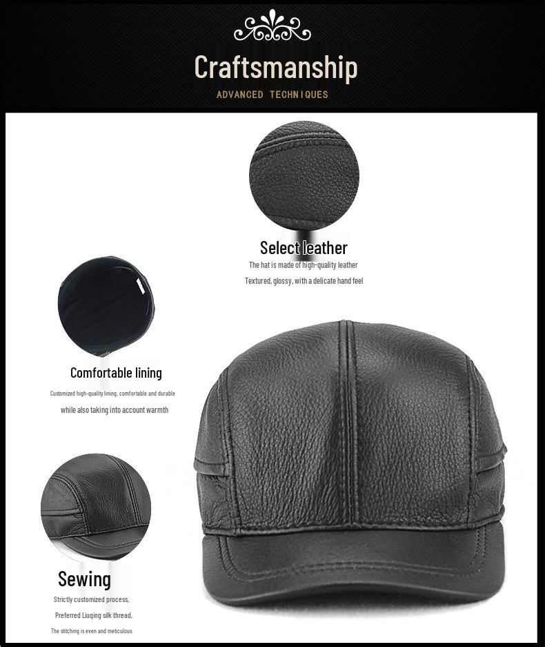 Men's Sheepskin Leather Baseball Cap - Trendy Autumn/Winter Hat for Middle-Aged and Elderly Men