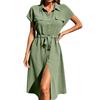Women's Casual Button Down Shirt Dress with Waist Tie and Short Sleeves Midi Length Relaxed Fit Lightweight Fabric