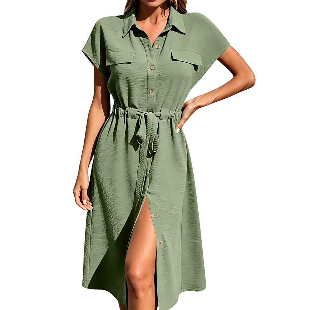 Women's Casual Button Down Shirt Dress with Waist Tie and Short Sleeves Midi Length Relaxed Fit Lightweight Fabric