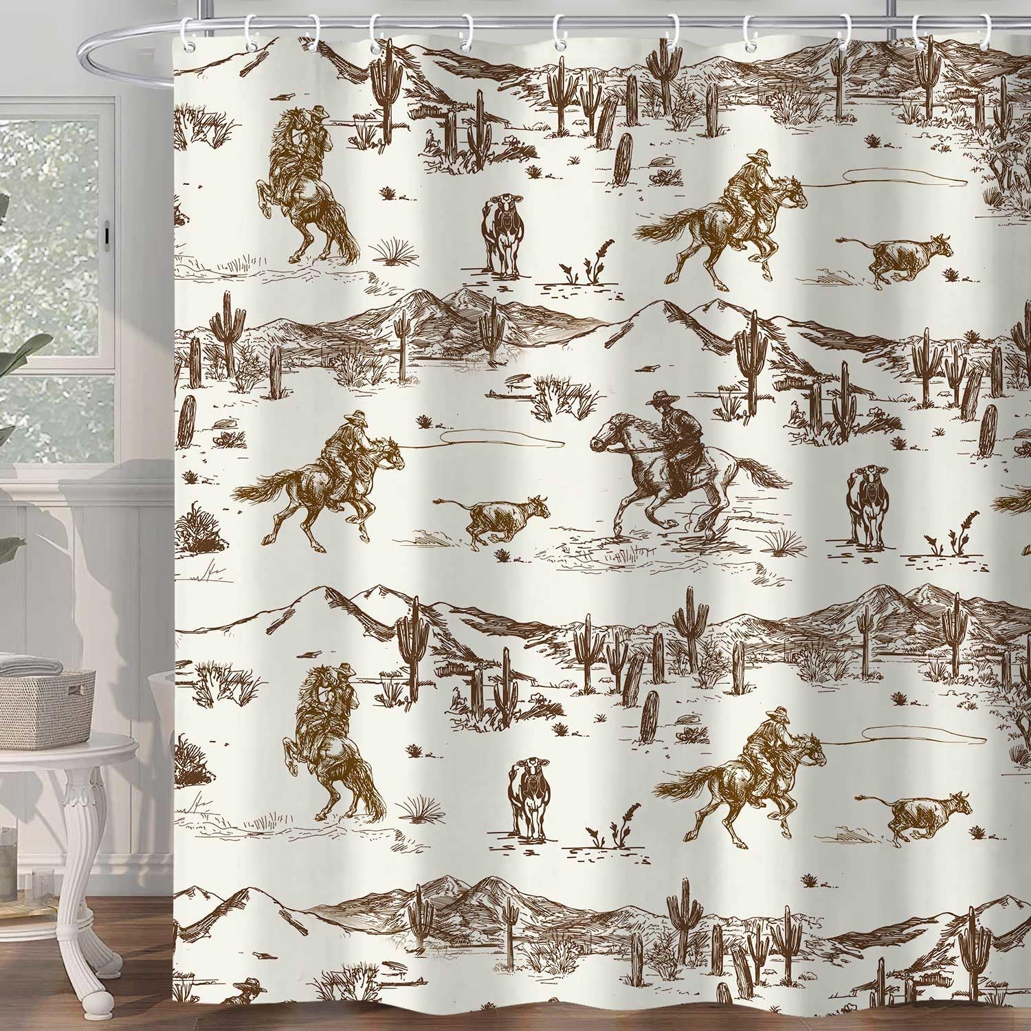 

Western Cowboy Shower Curtain, Wild West Cowboy Ride Horse Cactus Bath Curtains, Farmhouse Country American West Theme Fabric Ba 90x180cm