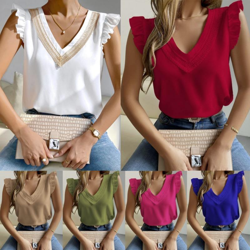 Verano Encaje Patchwork Cuello en V Volantes Sin Mangas Camisas Sueltas Moda Mujer Elegante Casual Tallas Grandes Tops Blusas Mujer Sólido Simple Camisa Mujer 26362