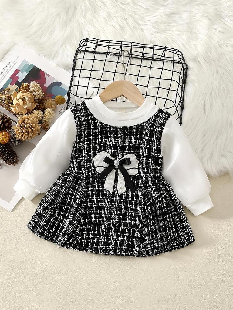 Herbst Mädchen Langarmkleid mit Schleife in der Taille vorne - Kleiner Duftstil