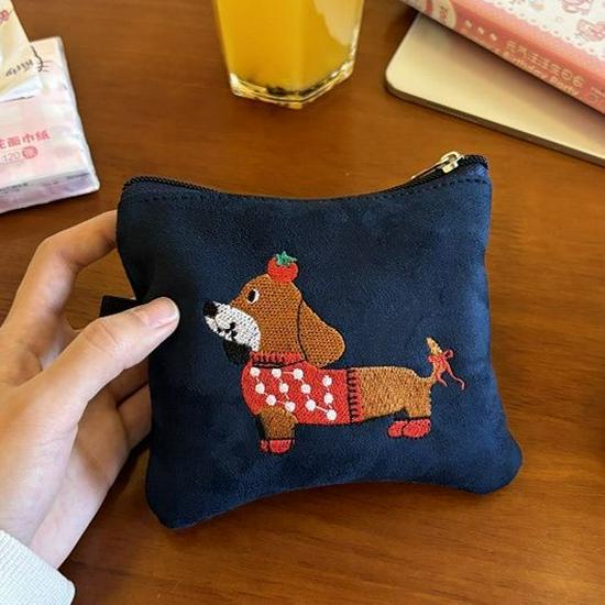 Cute Suede Dachshund Card Holder & Storage Bag for Earphones, Lipstick & More.