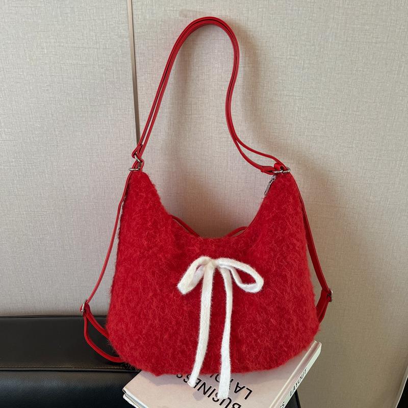 Red plush commuter tote bag women's large-capacity new bow shoulder bag backpack