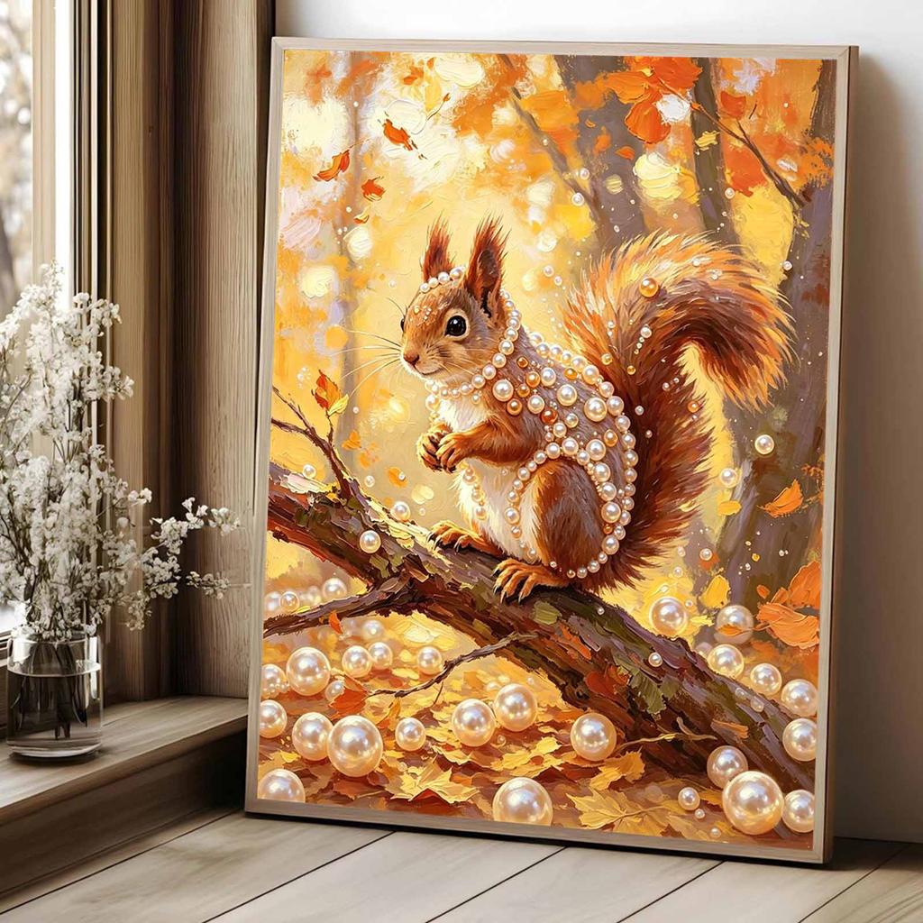 Stretched Frame Pearl Art Kit Autumn Squirrel Pattern DIY Sparkling Bead Canvas Relaxing Hobby Gift for Handicraft Lovers Best Home Decor Art