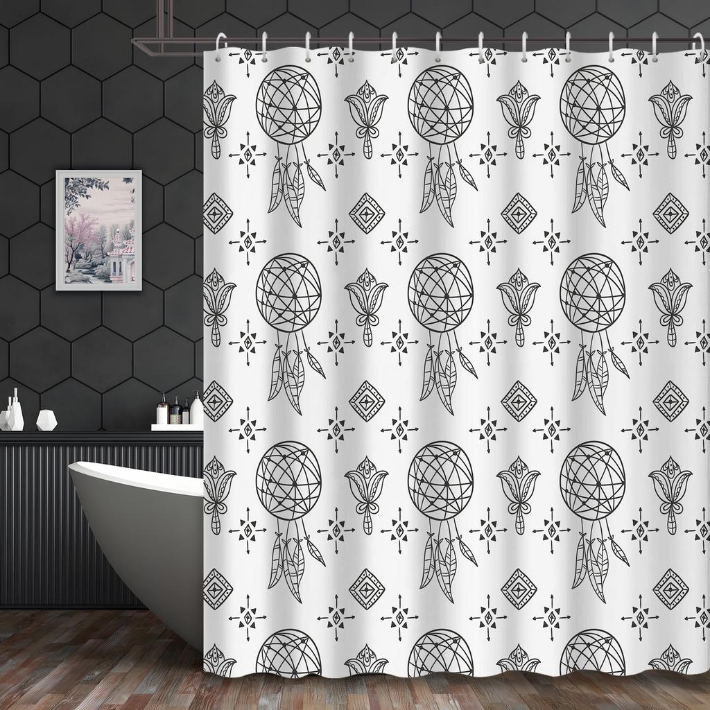 1pc Black and White Line Feather Circle Print Shower Curtain, with 12 Hooks, Bath Curtain, Bathroom Accessory