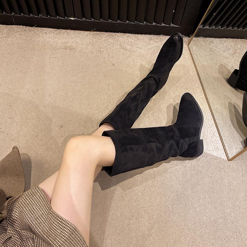 Fashion Winter Vintage Pleated Women Mordern High Boots Designer Slip On Pointed Toe Internal Elevation Shoes Botas De Mujer