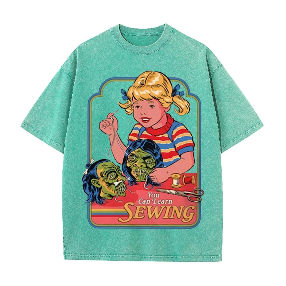 2026 Vintage Retro Girl Sewing Horror Graphic Washed T Shirt Dark Humor Spooky Casual Oversized Short Sleeve Streetwear Tee