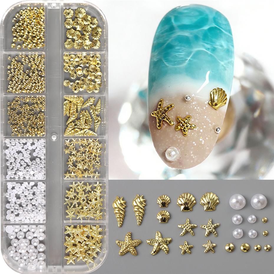 3D Golden Starfish Seashell Nail Art Charms Conch Metal Studs Pearls Caviar Beads Summer Manicure Studs Nail Art Decorations