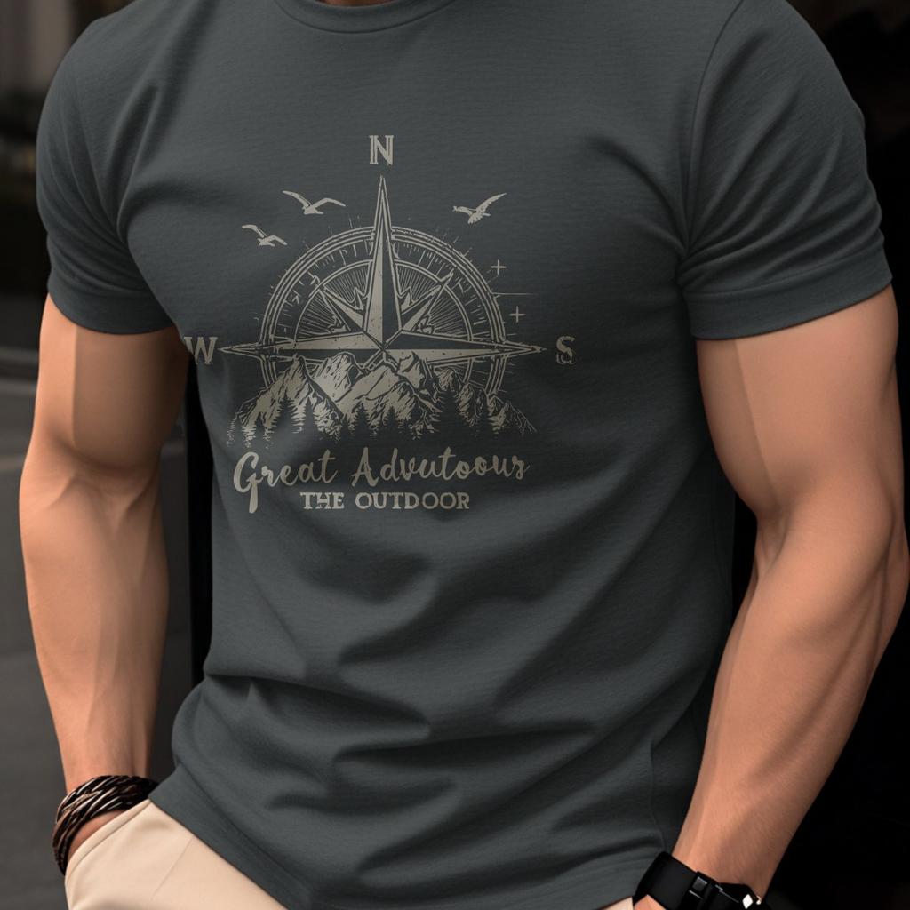 Summer Unisexs 100 Pure Cotton Casual Fashionable Loose Retro Compass Mountain Pattern Printed Round Neck Short Sleeved Tshirt