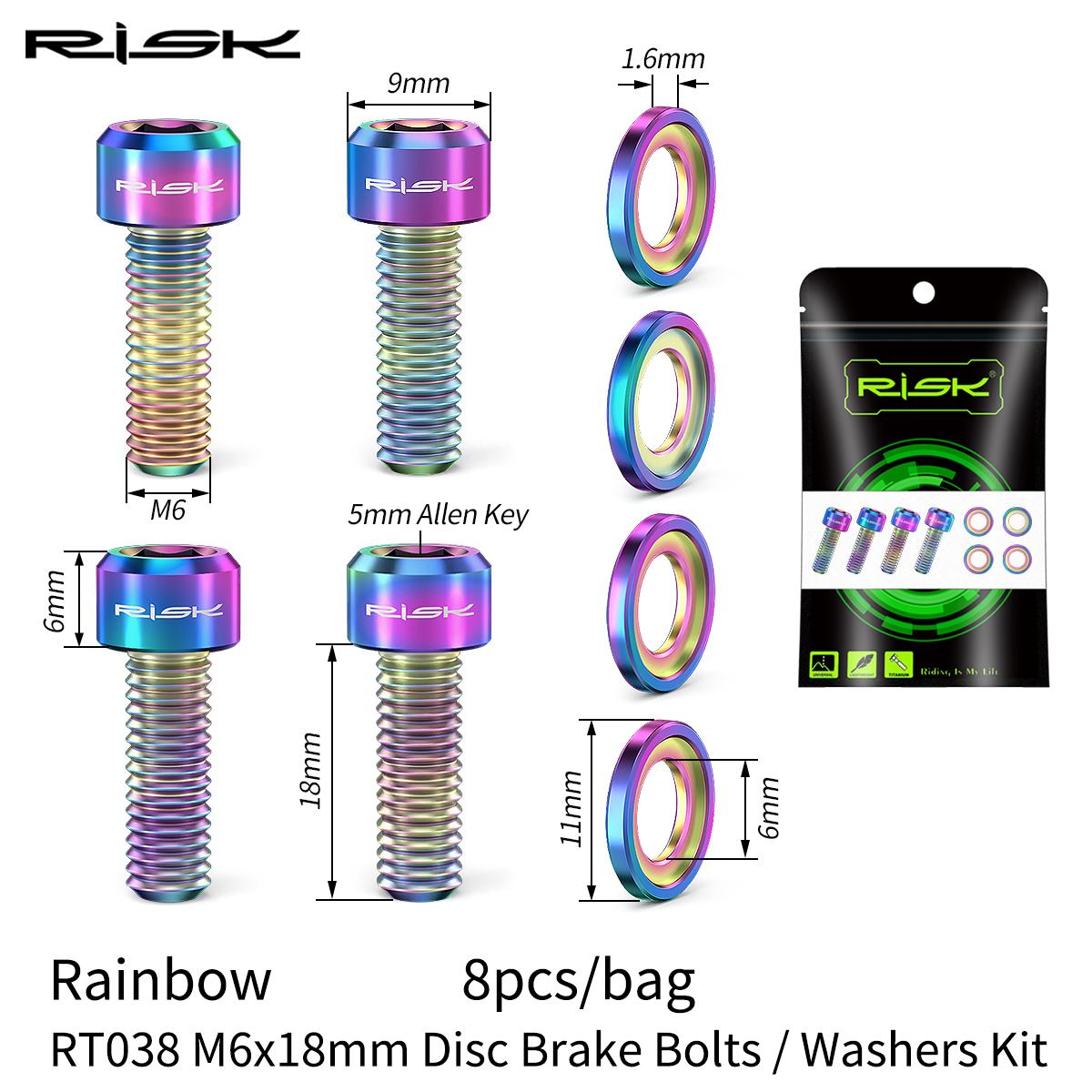 Risk M6 Bike Disc Brake Clamp Seat Fixing Bolts with Grooved Gaskets Titanium Bicycle Screw MTB Road Brake Fixed Bolt Spacer Rainbow RT038