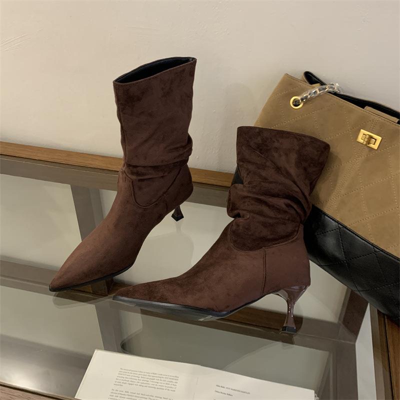 Mi Ting Mid Boots Retro Suede Wrinkled Thin Stacking Boots Women's Autumn and Winter Pointed High Heel Thin Boots Simple Short Boots