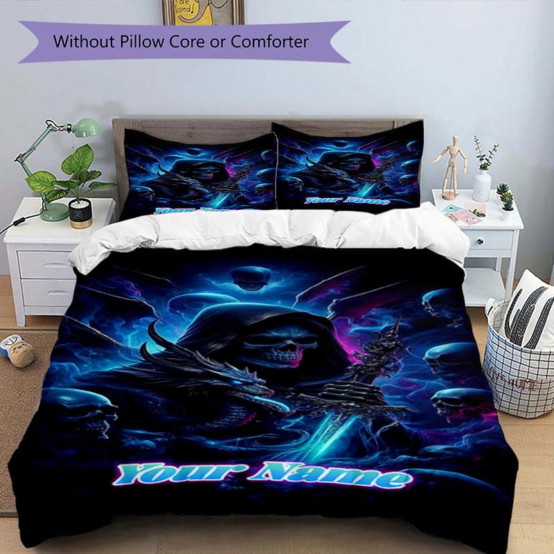 3PC Custom Name Sword Grim Reaper Bedding Set Printed Bedding Set Duvet Cover Closure Includes 1 Duvet Cover & 2 Pillowcases for All Seasons Bedroom