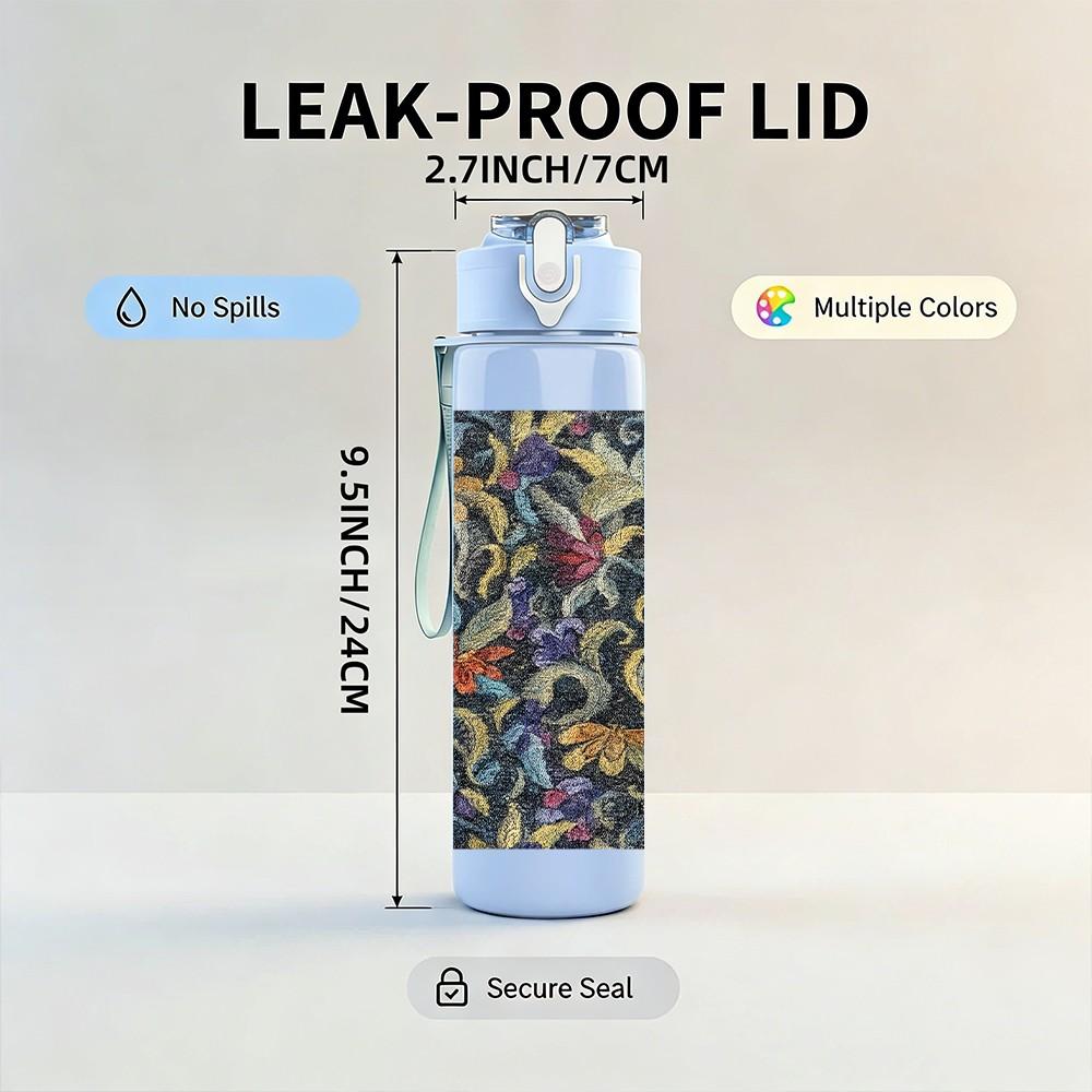 1PC Dark Mixed Floral Leaf Vintage Print 750ml Color Plastic Sports Water Bottle Leakproof Flip Straw Lid Suitable for Sports Office Home Use