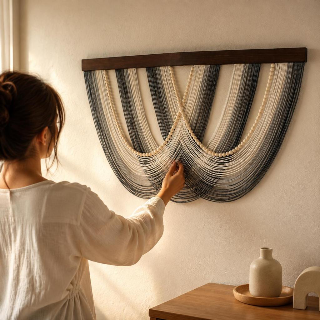 Striped Textile Wall Tapestry with Wood Top Bar Easy to Hang for Reading Corner
