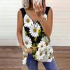 Women Black Background Large White Daisy Floral Ring Zipper V Neck Split Hem Sleeveless Tank
