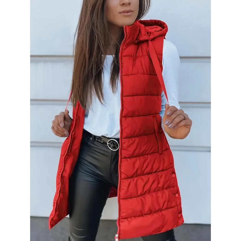 Autumn Winter Solid Color Hooded Zip Cotton Vest Women Mid-Length Plus Size Padded Gilet Coat