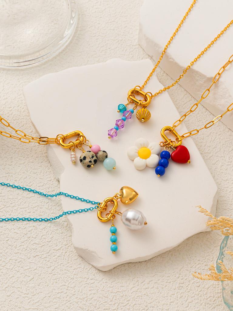 INS style handmade DIY multi pendant necklace, neckchain, pearl heart jewelry, gold-plated and color preserving