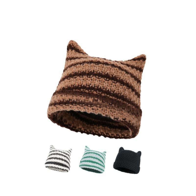 Zhang Yuanying Cute Cat Ears Striped Wool Hat Autumn and Winter Big Head Circumference Cover Warm Knitted Cold Hat