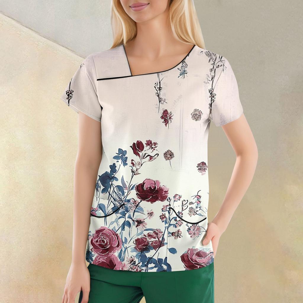 Women's Casual  Print Short Sleeve Sloping Collar Workwear Top With Double Pockets