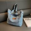 Vintage Washed Denim Tote Bag  Casual Large Capacity Single Shoulder Carryall  Stylish Purse