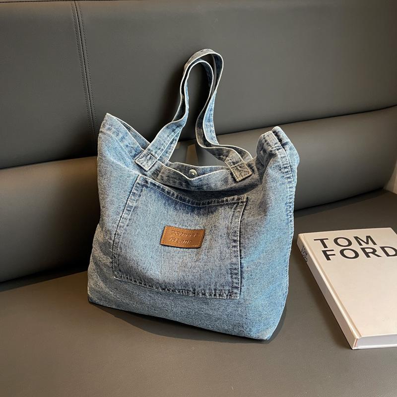 Vintage Washed Denim Tote Bag Casual Large Capacity Single Shoulder Carryall Stylish Purse