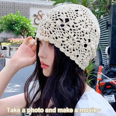 1Pieces Breathable Hollowed Out Knitted Hat Flowers Casual Beret Cap Summer Fashion Flowers Breathable Mountaineering Scarf
