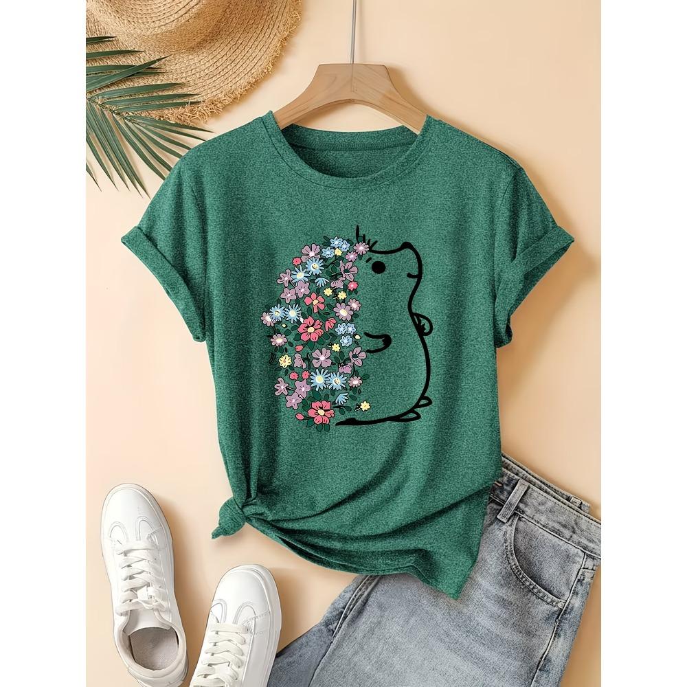 Summer Lady Clothes Crew Neck Short Sleeve Cartoon Hedgehog Graphic T Shirt Women's Outfits Casual Streetwear Soft Tees